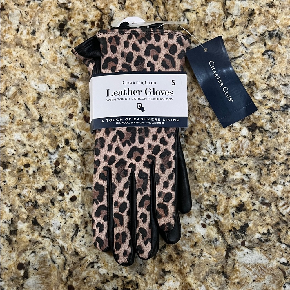 New - Charter Club Animal Print Leather Gloves
